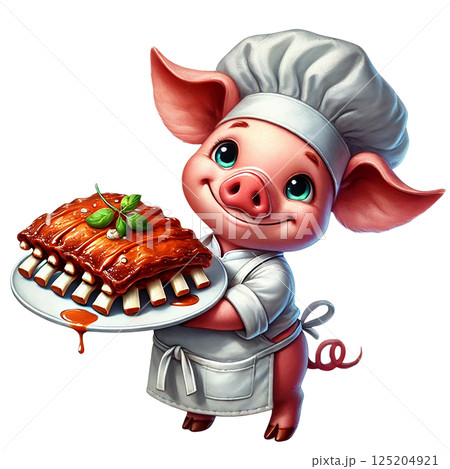 Cute cartoon pig chef proudly serving delicious barbecue ribs. 125204921