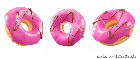 Donuts with pink fruit glaze, sprinkles, white drizzle, and dots isolated on white transparent background 125205025