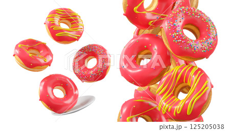 Donuts with red fruit glaze, sprinkles, white drizzle, and dots isolated on white transparent background Donuts with red fruit glaze, sprinkles, white drizzle, and dots isolated on white transparent background 125205038