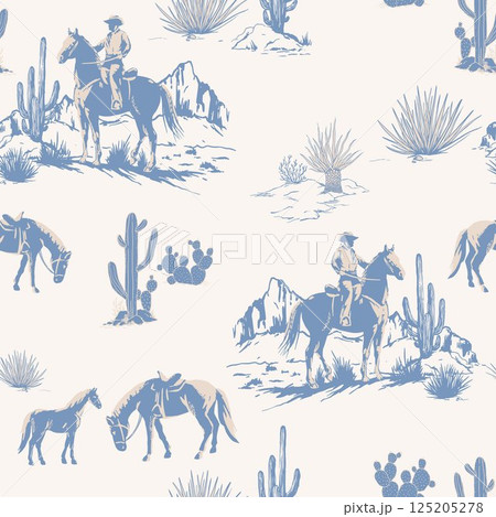 Cute Rodeo Cowboys seamless vector pattern. desert landscape with cacti repeating background. Wild West surface pattern design for All fabric and Prints 125205278