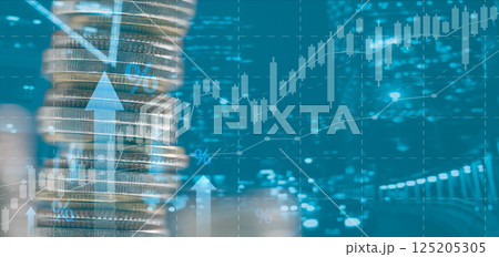 Economy trends background for business, financial meltdown, Cryptocurrency digital economy. Double exposure of graph and rows of coins for finance and business concept. financial investment busines 125205305