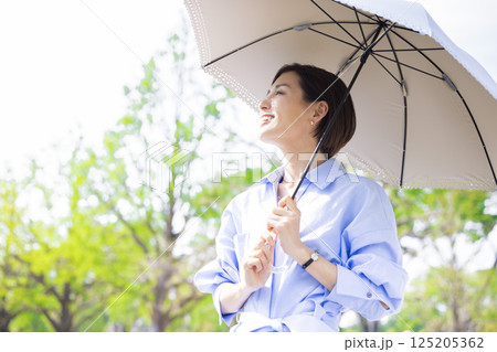 UVケア　新緑の中日傘をさして歩く女性 125205362