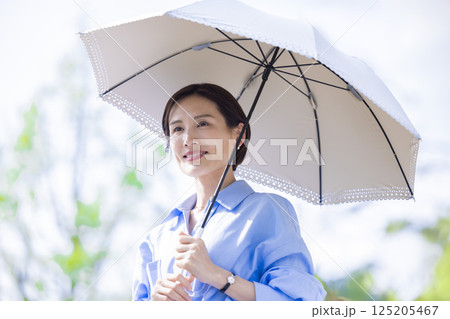 UVケア　新緑の中日傘をさして歩く女性 125205467