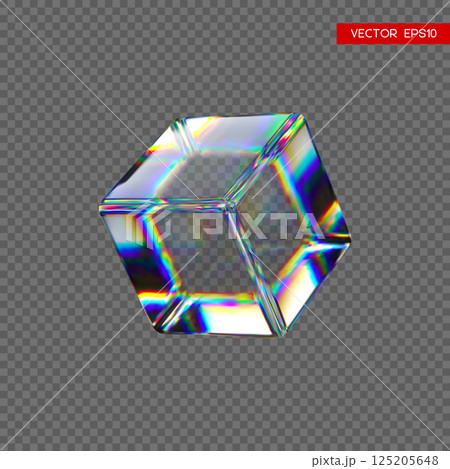 3d transparent glossy cube with dispersion effect. Rainbow colors reflection glass. 125205648