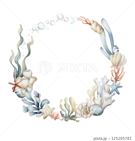 Sea Ocean Marine Plants Wreath. Cute seaweeds, coral, starfish, shell, sponge, pebbles, water bubbles. Watercolor hand painted summer isolated illustration for kids nursery baby shower undersea design Sea Ocean Marine Plants Wreath. Cute seaweeds, coral, starfish, shell, sponge, pebbles, water bubbles. Watercolor hand painted summer isolated illustration for kids nursery baby shower undersea design 125205781