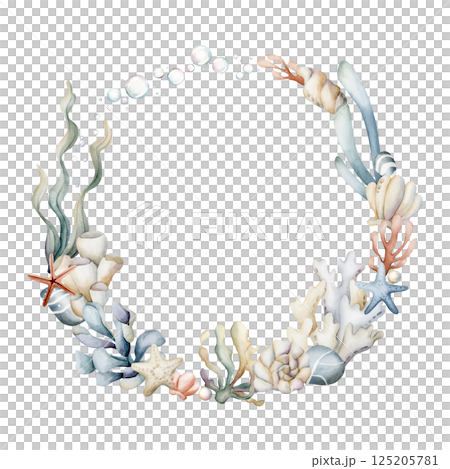Sea Ocean Marine Plants Wreath. Cute seaweeds, coral, starfish, shell, sponge, pebbles, water bubbles. Watercolor hand painted summer isolated illustration for kids nursery baby shower undersea design Sea Ocean Marine Plants Wreath. Cute seaweeds, coral, starfish, shell, sponge, pebbles, water bubbles. Watercolor hand painted summer isolated illustration for kids nursery baby shower undersea design 125205781