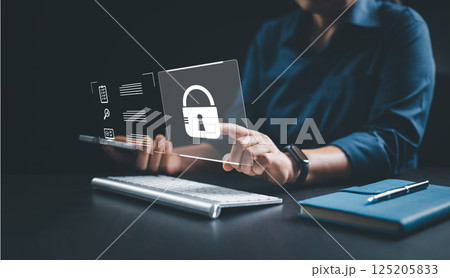 Cybersecurity concept, user privacy security and encryption, secure internet access Future technology and cybernetics, screen padlock. Lock icon and internet network security technology. 125205833