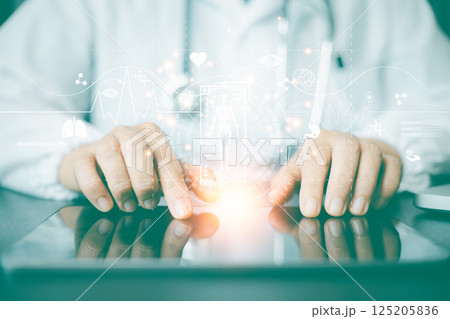 Digital healthcare and network connection on hologram interface, DNA. Medicine doctor holding electronic medical record on tablet. Science and innovative, Medical technology and network concept Digital healthcare and network connection on hologram interface, DNA. Medicine doctor holding electronic medical record on tablet. Science and innovative, Medical technology and network concept 125205836