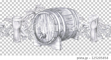 Seamless border with oak barrel, two glasses of beer and hop bushes. Isolated pencil illustration for pub design, menu design, poster printing. Seamless border with oak barrel, two glasses of beer and hop bushes. Isolated pencil illustration for pub design, menu design, poster printing. 125205858