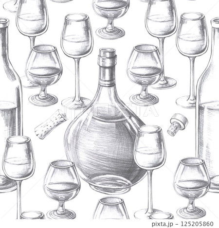 Seamless pattern with bottles and glasses of cognac, wine and beer. Isolated pencil illustration in realistic style for restaurant design, menu design, poster printing. 125205860