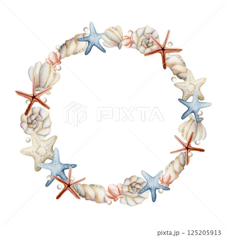 Sea Shells and Starfishes Wreath. Cute ocean marine plants animals. Watercolor hand painted summer isolated pastel shades illustration for kids nursery decor baby shower undersea design cards label Sea Shells and Starfishes Wreath. Cute ocean marine plants animals. Watercolor hand painted summer isolated pastel shades illustration for kids nursery decor baby shower undersea design cards label 125205913