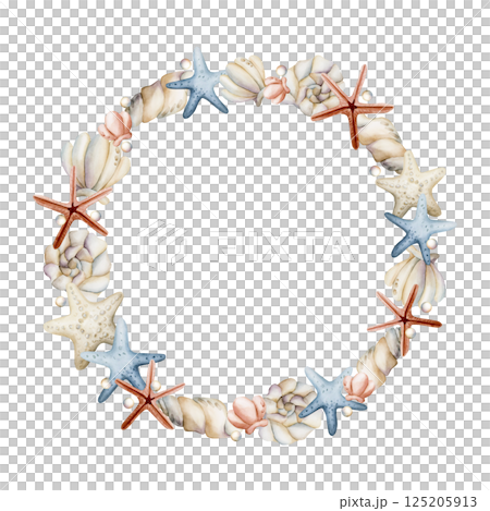 Sea Shells and Starfishes Wreath. Cute ocean marine plants animals. Watercolor hand painted summer isolated pastel shades illustration for kids nursery decor baby shower undersea design cards label Sea Shells and Starfishes Wreath. Cute ocean marine plants animals. Watercolor hand painted summer isolated pastel shades illustration for kids nursery decor baby shower undersea design cards label 125205913