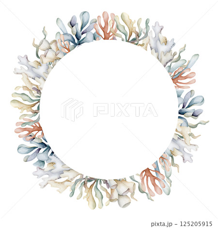 Seaweeds Algae Sea Corals Wreath. Cute ocean marine underwater plants. Watercolor hand painted summer isolated pastel shades illustration for kids nursery decor baby shower undersea design cards label Seaweeds Algae Sea Corals Wreath. Cute ocean marine underwater plants. Watercolor hand painted summer isolated pastel shades illustration for kids nursery decor baby shower undersea design cards label 125205915