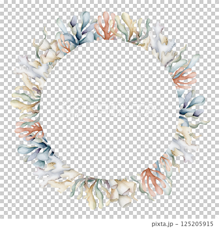 Seaweeds Algae Sea Corals Wreath. Cute ocean marine underwater plants. Watercolor hand painted summer isolated pastel shades illustration for kids nursery decor baby shower undersea design cards label 125205915