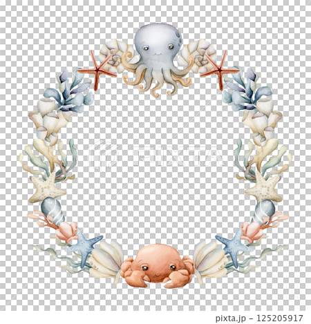 Sea Animals and Plants Wreath. Cute octopus, crab, seaweeds, coral, starfish, shell, sponge, pebbles. Watercolor hand painted summer isolated illustration for kids nursery baby shower undersea design 125205917