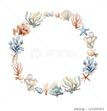 Sea Ocean Fishes Plants Wreath. Cute clown fish, angelfish, seaweed, coral, starfish, shell, pearl. Watercolor hand painted summer isolated illustration kids nursery baby shower marine undersea design Sea Ocean Fishes Plants Wreath. Cute clown fish, angelfish, seaweed, coral, starfish, shell, pearl. Watercolor hand painted summer isolated illustration kids nursery baby shower marine undersea design 125205921