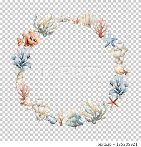 Sea Ocean Fishes Plants Wreath. Cute clown fish, angelfish, seaweed, coral, starfish, shell, pearl. Watercolor hand painted summer isolated illustration kids nursery baby shower marine undersea design Sea Ocean Fishes Plants Wreath. Cute clown fish, angelfish, seaweed, coral, starfish, shell, pearl. Watercolor hand painted summer isolated illustration kids nursery baby shower marine undersea design 125205921