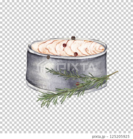 Open can of tuna with black peppercorns and rosemary sprigs 125205925