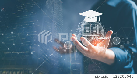 Technology course, teaching, business training concept. e-learning, online education, education, video lesson, knowledge in homeschool, internet learning and study online class webinar technology. 125206040
