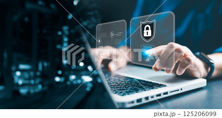 Cybersecurity and privacy concepts to protect data. user privacy security and encryption, secure internet access future technology and cybernetics, screen padlock. Global network security technology. 125206099