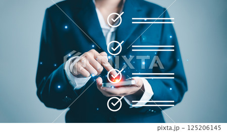 Business checking quality assurance QA or QC management. Service guarantee, validation certificate concept for business process automation, quality assurance management, approved, digital evaluation. Business checking quality assurance QA or QC management. Service guarantee, validation certificate concept for business process automation, quality assurance management, approved, digital evaluation. 125206145