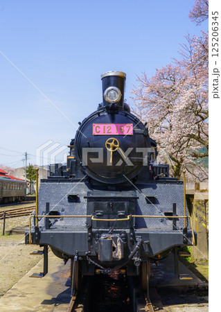 桜と蒸気機関車　若桜鉄道　鳥取県 125206345