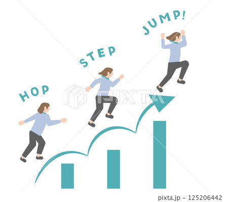 ステップアップ、レベルアップ、スキルアップ、ジャンプアップ、成長のイメージのピクトグラム風のビジネス 125206442