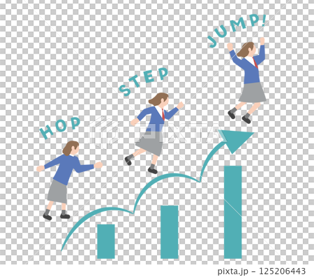Pictogram-style female student with the image of stepping up, leveling up, skill improvement, jumping up, and growth 125206443