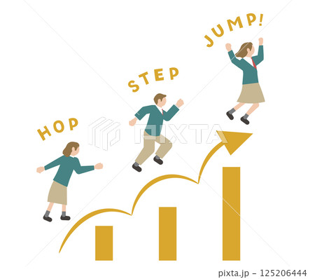 ステップアップ、レベルアップ、スキルアップ、ジャンプアップ、成長のイメージのピクトグラム風の男女の学 125206444