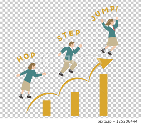 ステップアップ、レベルアップ、スキルアップ、ジャンプアップ、成長のイメージのピクトグラム風の男女の学 125206444
