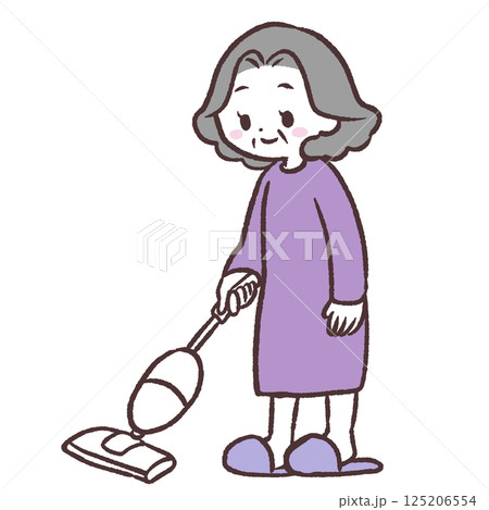 スティック掃除機を使うシニア女性イラスト 125206554