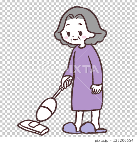 スティック掃除機を使うシニア女性イラスト 125206554