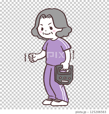 Full-body illustration of a senior woman measuring her grip strength Full-body illustration of a senior woman measuring her grip strength 125206563