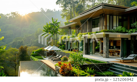 Luxurious modern villa with an infinity pool surrounded by lush greenery and scenic views, perfect for relaxation and getaway. Luxurious modern villa with an infinity pool surrounded by lush greenery and scenic views, perfect for relaxation and getaway. 125206942