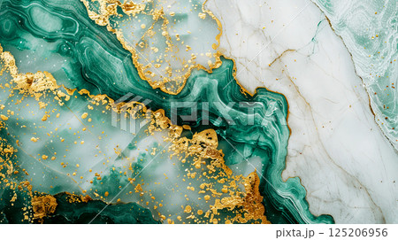 Elegant Abstract Swirling Green and Gold Marble Pattern Background 125206956