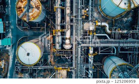 Aerial View of Industrial Facility with Pipes and Storage Tanks Aerial View of Industrial Facility with Pipes and Storage Tanks 125206959