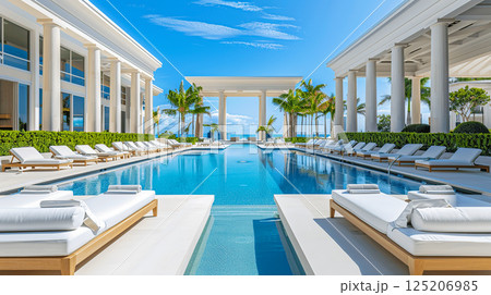 Luxurious resort pool with sun loungers, surrounded by majestic columns and palm trees under a clear blue sky. Luxurious resort pool with sun loungers, surrounded by majestic columns and palm trees under a clear blue sky. 125206985