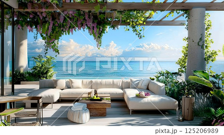 A tranquil outdoor living space with ocean view, featuring comfortable seating and lush greenery for relaxation and leisure. A tranquil outdoor living space with ocean view, featuring comfortable seating and lush greenery for relaxation and leisure. 125206989