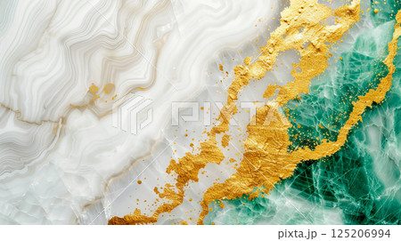 Elegant Marble Texture with Green and Gold Accents in Abstract Design 125206994