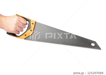 Hand using Saw-hardened Teeth isolated on white background Hand using Saw-hardened Teeth isolated on white background 125207089