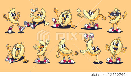 Retro cartoon melon characters. Groovy fruit mascots, vintage 30s animation style cantaloupe or honeydew melon slices. Funny smiling summer fruit character poses with hands and legs vector set 125207494