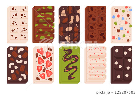 Assorted chocolate bars. Dark, milk and white chocolate bar types with nuts, pistachio, strawberry, matcha, candies and nougat. Sweet dessert confectionery vector illustration set Assorted chocolate bars. Dark, milk and white chocolate bar types with nuts, pistachio, strawberry, matcha, candies and nougat. Sweet dessert confectionery vector illustration set 125207503