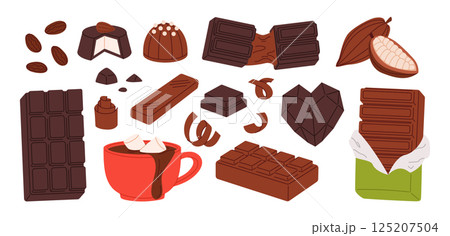 Cocoa chocolate. Assorted chocolate products, candy and cocoa ingredients. Dark and milk bars, pralines, cocoa beans, hot chocolate mug with marshmallows, shavings. Sweet food cartoon vector set Cocoa chocolate. Assorted chocolate products, candy and cocoa ingredients. Dark and milk bars, pralines, cocoa beans, hot chocolate mug with marshmallows, shavings. Sweet food cartoon vector set 125207504