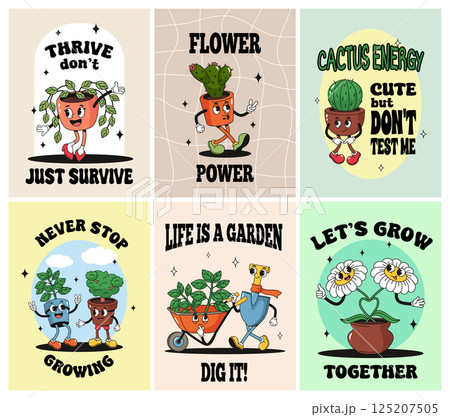 Retro cartoon gardening posters. Groovy motivational prints with vintage characters and garden quotes. Wall art templates with funny plants, cactus, flowers and garden tools. vector illustration set Retro cartoon gardening posters. Groovy motivational prints with vintage characters and garden quotes. Wall art templates with funny plants, cactus, flowers and garden tools. vector illustration set 125207505