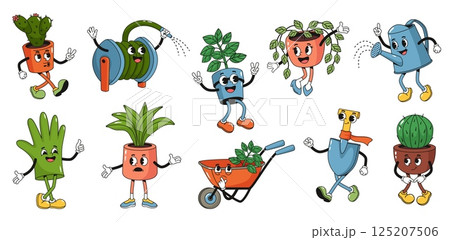 Retro cartoon gardening characters. Groovy garden tool mascots and 30s style plant characters. Funny smiling potted plant, cactus, watering can, hose, glove, wheelbarrow and shovel vector set Retro cartoon gardening characters. Groovy garden tool mascots and 30s style plant characters. Funny smiling potted plant, cactus, watering can, hose, glove, wheelbarrow and shovel vector set 125207506