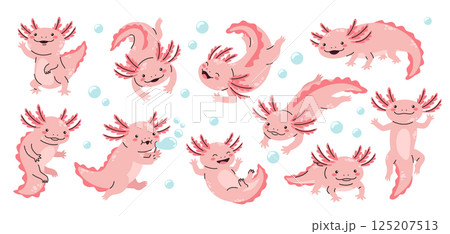 Cartoon baby axolotl. Cute pink axolotl characters, funny Mexican salamander and adorable smiling amphibian pets swimming, waving and playing underwater with bubbles. Kawaii animal vector set 125207513