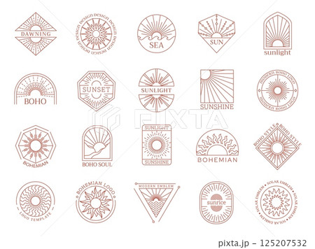 Bohemian sun emblem templates. Boho sunrise sun, minimalist sunset badges with geometric frames, linear sunlight rays. Line art summer sunshine and dawn light vector set with editable stroke paths 125207532