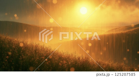 朝霧に包まれるコスモス畑 125207585