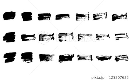 Collection of black ink brush strokes and banners, hand drawn thick grunge lines and rectangular shapes, abstract geometric straight brush strokes and bold lines, grunge set of strokes for text 125207623