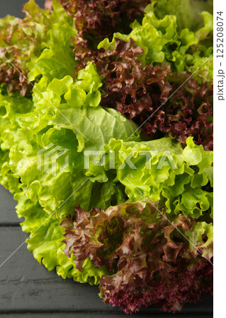 Fresh red and green lettuce on black wooden background. Vertical photo 125208074